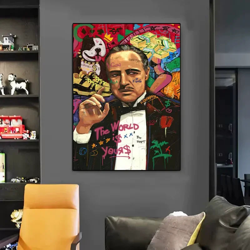 Classic Pop Street Graffiti Abstract Wall Art Gangster Godfather Smoking HD Oil on Canvas Posters and Printed Living Room Decor