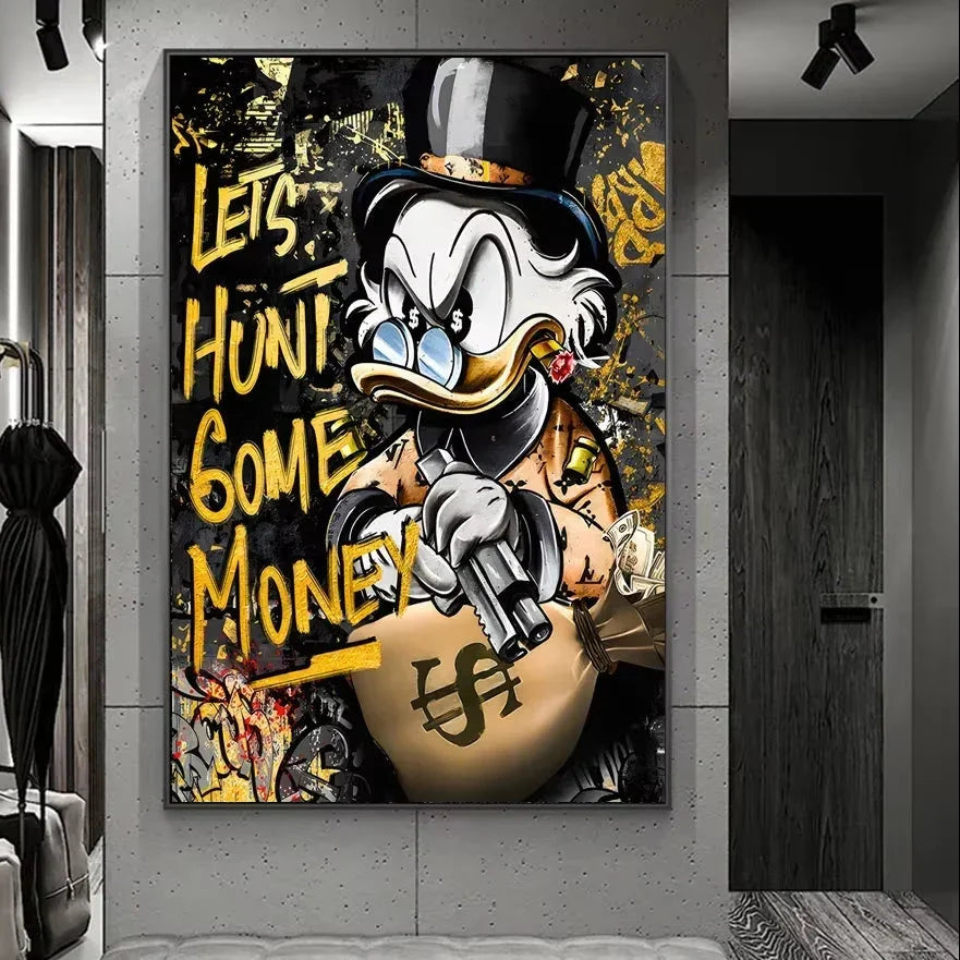 Donald Duck Hunt for Money Golden Graffiti Art Posters and Prints Fashion Luxury Paintings on the Wall Art Pictures De