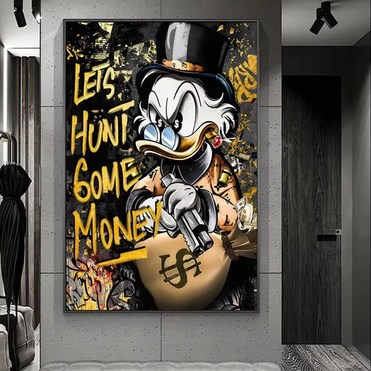 Donald Duck Hunt for Money Golden Graffiti Art Posters and Prints Fashion Luxury Paintings on the Wall Art Pictures De
